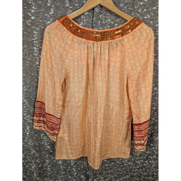 Irving & Fine Lucky Brand Beaded Orange Floral Silk Blouse Women's Small - Picture 5 of 9